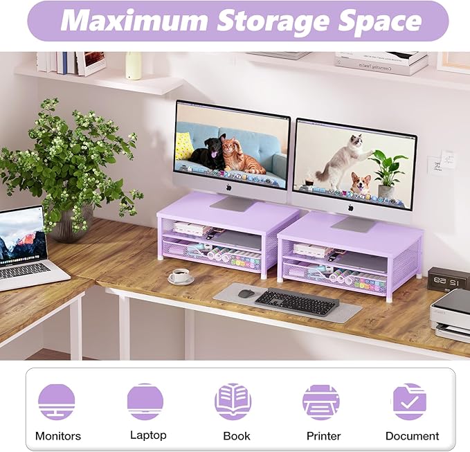 OPNICE Computer Monitor Stand Riser, Desk Organizer with Drawer, Printer & Laptop Stand, Office Desk Accessories & Workspace Desktop Organizers Storage for Office Supplies(Purple) - Image 6