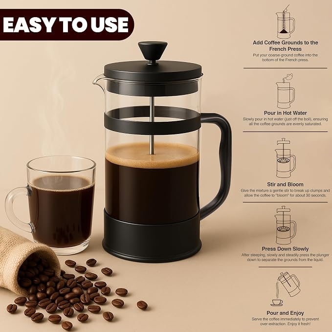 Utopia Kitchen Borosilicate Glass French Press Coffee Maker 34 oz, Heat-Resistant Cafetiere & Tea Maker, Thickened Glass Coffee Press for Travel and Camping, Black (Pack of 2) - Image 2