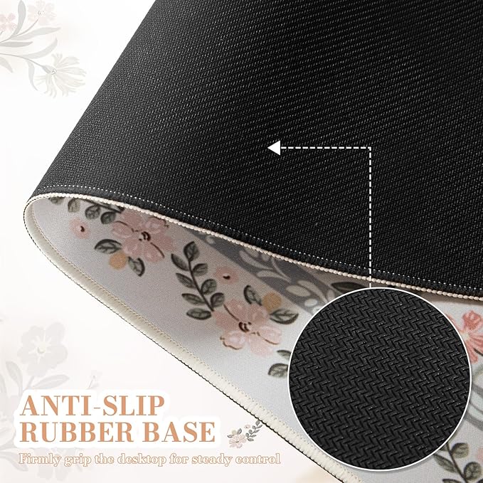 iCasso Desk Mat for Women Desk Accessories, 35.4x15.7in,Cozy Gray Floral | Back to School XXL Large Mouse Pad, Anti-Slip Big Mousepad with Stitched Edges,Smooth Water-Resistant - Image 4