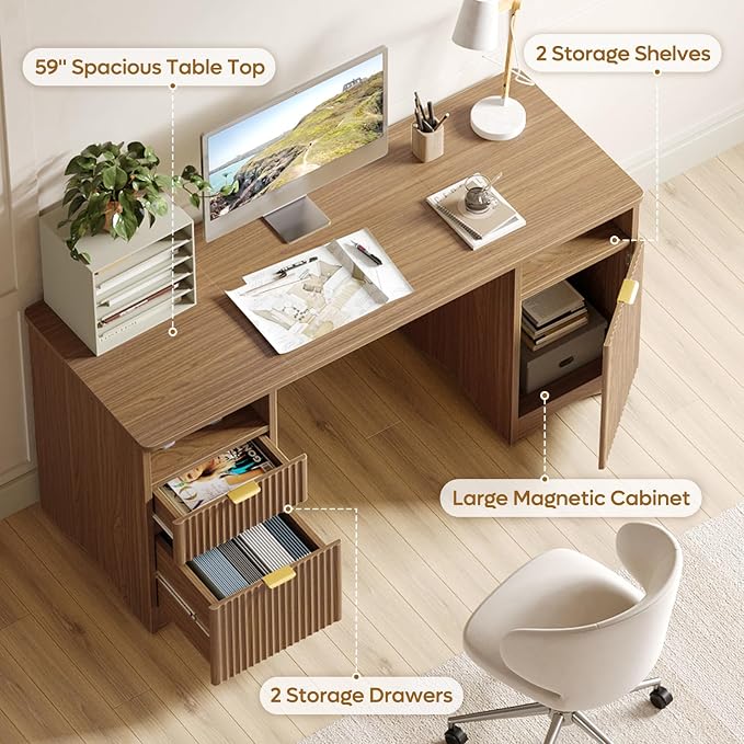 Bestier 59 inch Computer Desk with 2 Drawers, Office Desk with Storage File Cabinet and 2 Open Storage Shelves, Modern Fluted Executive Desk for Home Office Bedroom, Brown Oak - Image 4