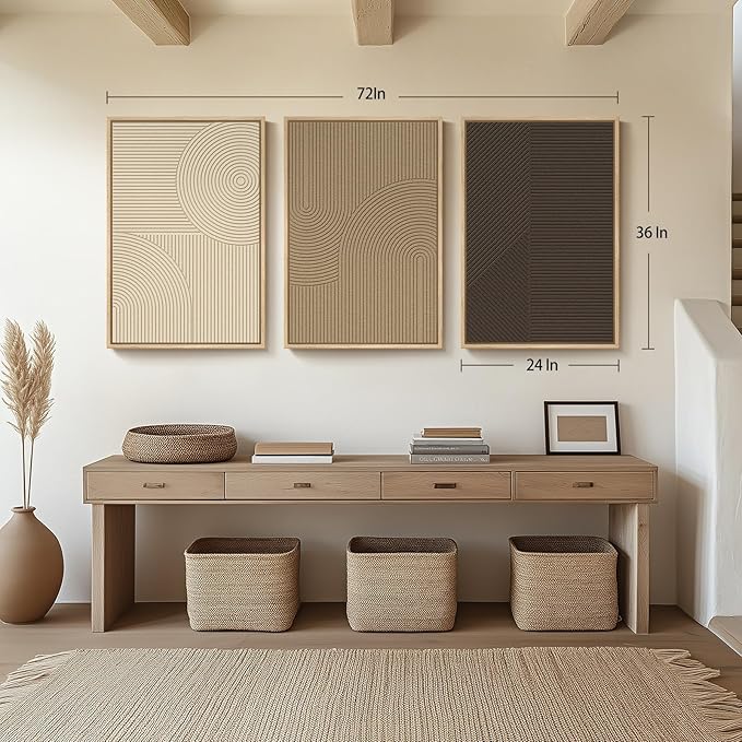Large 3D Textured Framed Boho Neutral Abstract Wall Art for Living Room, 3 Piece Modern Artwork for Walls, Minimalist Beige Brown Tan Geometric Paintings for Hallway, Stair, Office Wall Decor 24x36 In - Image 4