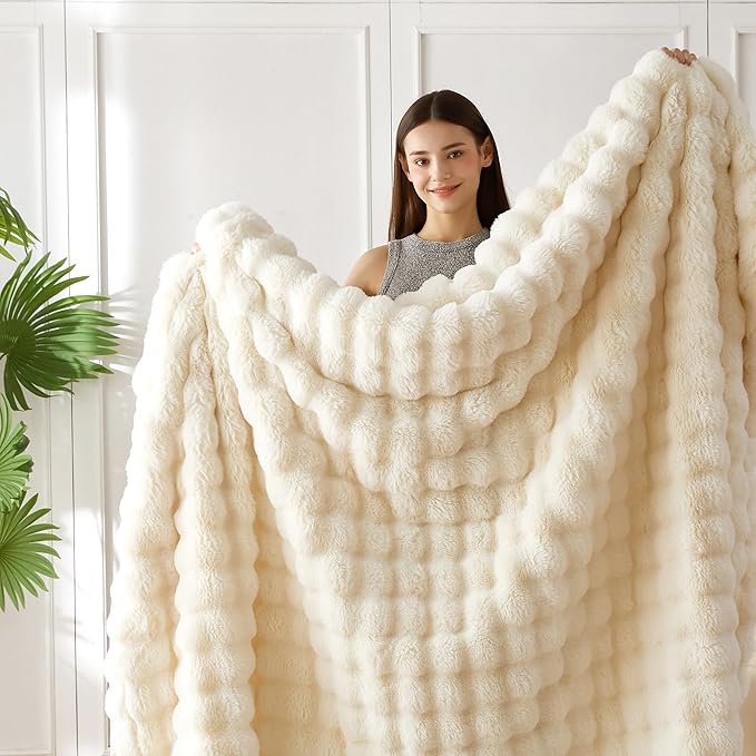 COOVA Faux Fur Throw Blanket for Couch, Cozy Soft and Fuzzy Plush Rabbit Fur Bubble Blanket for Sofa Bedroom Living Room, 60x80 Inches Ivory White - Image 4
