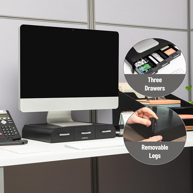Mind Reader Monitor Stand, 3 Storage Drawers, Desktop Organizer, Riser, Office, 13.5"L x 13"W x 4"H, Set of 2, Black - Image 4