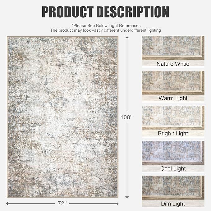 6x9 Area Rug Living Room Rug: Washable Modern Abstract Soft Thin Rug Indoor Floor No Slip Stain Resistant Carpet for Bedroom Dining Room Farmhouse Nursery Home Office - Brown Grey - Image 2
