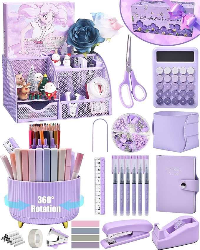 LXEVIHK 21Pcs Purple Desk Organizers and Accessories With Mesh Desk Organizer and 360°Rotating Pen Holder and a Lot of Office Purple Office Supplies Beautifully Presented in a Gift Box by StyleYourDeskinOneColor
