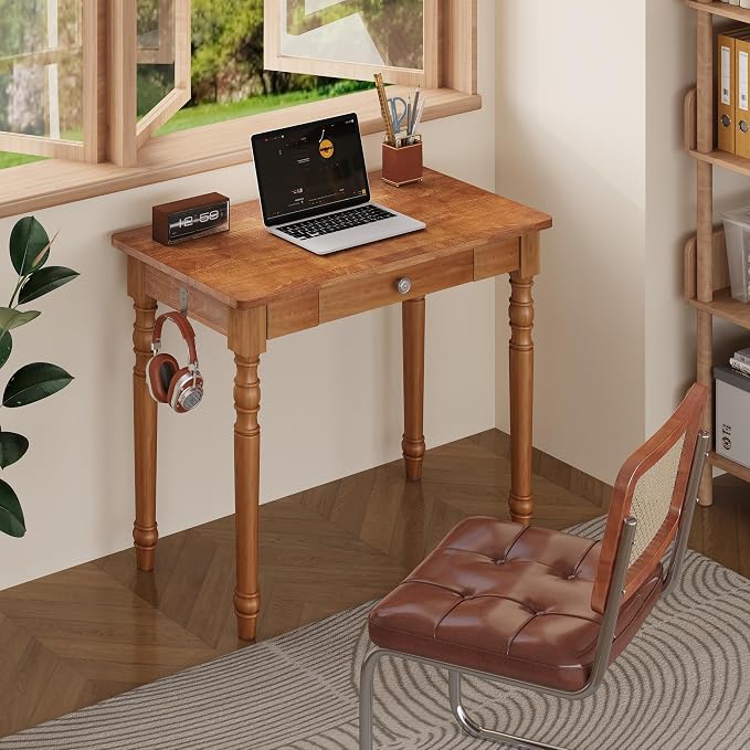 Vintage Solid Wood Writing Desk - 31.5" Mid Century Modern Desk with Drawer, Small Wooden Computer Desks for Home Office, Secretary Desks, Traditional Vanity Dressing Table for Bedroom, Walnut - Image 6