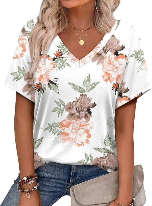 Alaroo Womens Summer Tops 2026 V Neck Short Sleeve Shirts Trendy Dressy Casual Vacation Outfits Printed by Alaroo