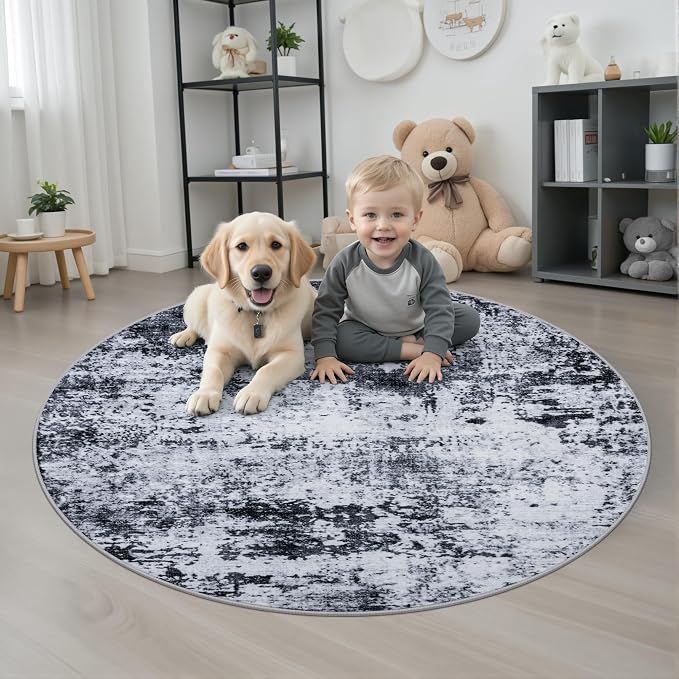 Round Area Rug for Living Room: 4 ft Washable Modern Abstract Soft Thin Rug Indoor Floor No Slip Stain Resistant Carpet for Bedroom Dining Room Farmhouse Nursery Home Office - Black - Image 2
