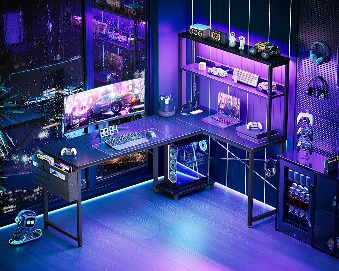 AODK L Shaped Desk Gaming Desk with LED Light & Power Outlet | 61 Inch Black Reversible L Shaped Computer Table with Shelf & Storage Bag & Hook for Home Office - Image 2