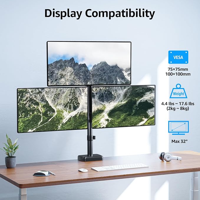 MOUNTUP Triple Monitor Mount Fits Max 32 Inch Screen, Holds 4.4-17.6lbs, 3 Monitors Desk Mount, Triple Monitor Stand for Desk, Adjutable Arm with Clamp/Grommet Base, for Home Office, 75x75/100x100 - Image 2
