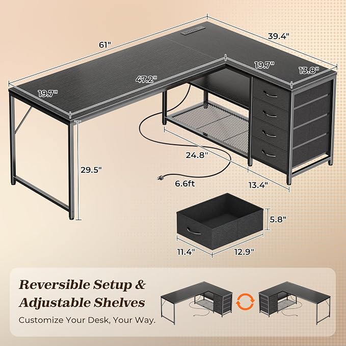 PRAISUN 61" L Shaped Desk with Power Outlets & USB-C Port, Reversible Computer Corner Office Desk with 4 Fabric Drawers and 2 Storage Shelves, Large Desk for Gaming Writing Study, Black - Image 3