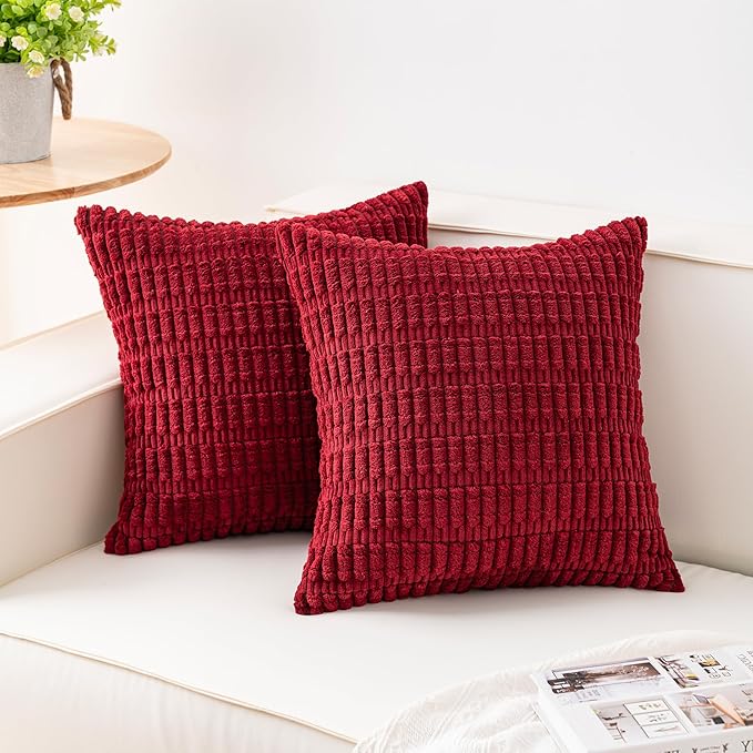 Aegero Pack of 2 Corduroy Decorative Throw Pillow Covers 22x22 Inch Soft Striped Pillow Covers Modern Farmhouse Home Decor for Sofa Living Room Couch Bed（Wine Red） by Unknown