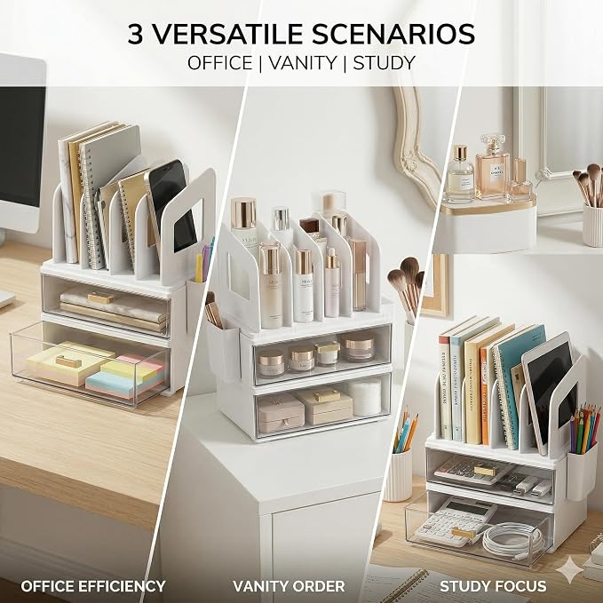 CiWiVOKi Desk Organizer with 4 File Slots and 2 Drawers, White | Desktop organizer with dual pen holders for storing files, mail, notebooks and office supplies in home or office use - Image 7