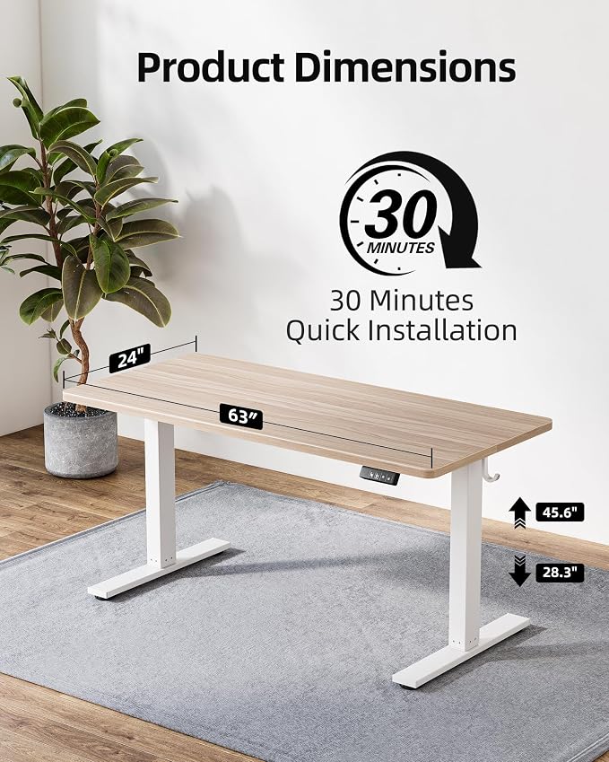 TIQLAB Electric Standing Desk, Adjustable Height Stand up Desk, 63 * 24 Inches Sit Stand Home Office Table with Splice Board, Light Walnut - Image 4
