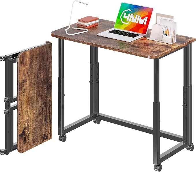4NM No Tool Assembly 31.5" Small Desk, Folding Portable Desk with Wheels, Adjustable Height Foldable Computer Home Office Desks, Collapsible Study Writing Table for Space Saving Bedroom - Rustic Brown by 4NM