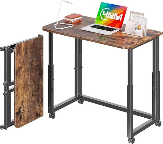 4NM No Tool Assembly 31.5" Small Desk, Folding Portable Desk with Wheels, Adjustable Height Foldable Computer Home Office Desks, Collapsible Study Writing Table for Space Saving Bedroom - Rustic Brown by 4NM