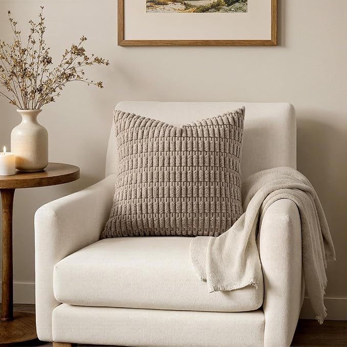 MIULEE Pack of 2 Corduroy Decorative Throw Pillow Covers 20x20 Inch Soft Boho Striped Pillow Covers Modern Farmhouse Home Decor for Sofa Living Room Couch Bed Light Brown - Image 4