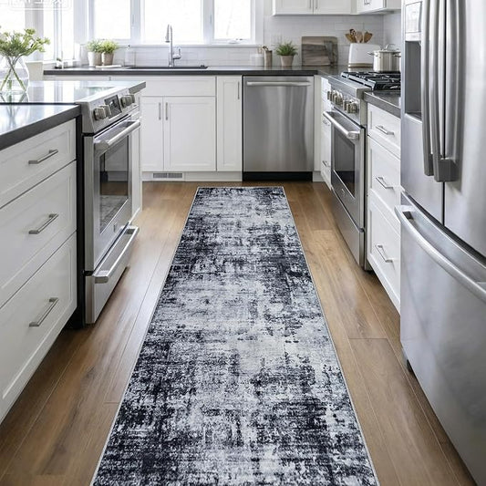 2.6'x14' Runner Rug Washable Rug: Modern Abstract Soft Thin Runner Rug Dark Black by FXRHLP