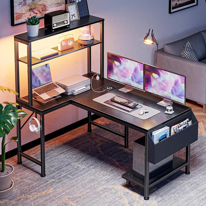 PRAISUN L Shaped Gaming Desk with LED Lights & Power Outlets, Reversible Computer Desk with Storage Shelves & Bag, Small Corner Home Office Desk with Pegboard for Work from Home, Black - Image 7