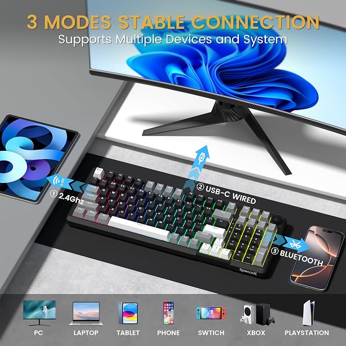 Redragon K742 Wireless Mechanical Gaming Keyboard with Knob for PC Computer | Bluetooth 5.0/2.4GHz/USB C Wireless Creamy Keyboard with Number Pad, RGB Backlits, Hot-Swappable with Linear Switches (Black) - Image 3