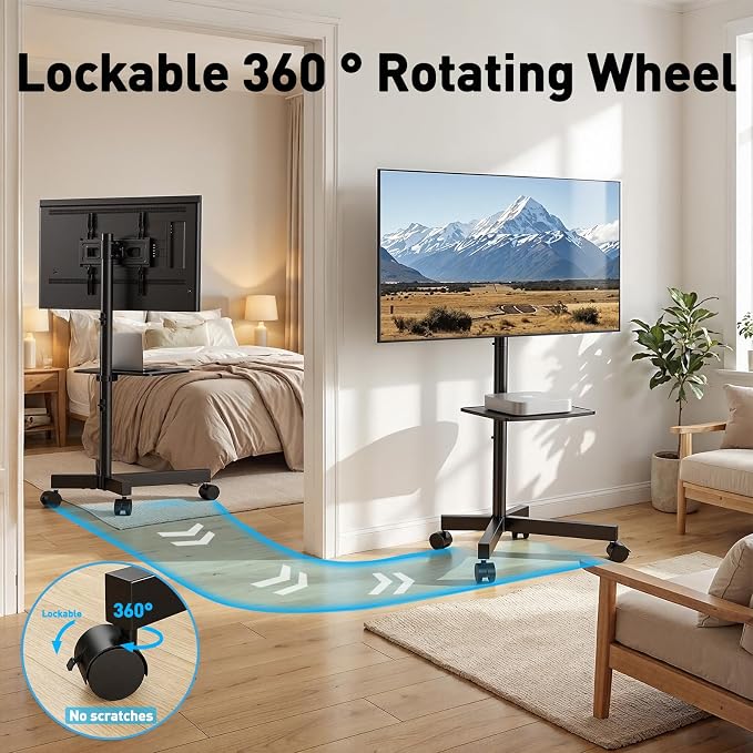 PERLESMITH Rolling TV Stand for 23-63 Inch Flat/Curved Screen TVs up to 88 lbs, Mobile TV Stand on Wheels, Portable TV Stand with Tilt & Height Adjustable,Outdoor TV Stand Max VESA 400x400mm - Image 3
