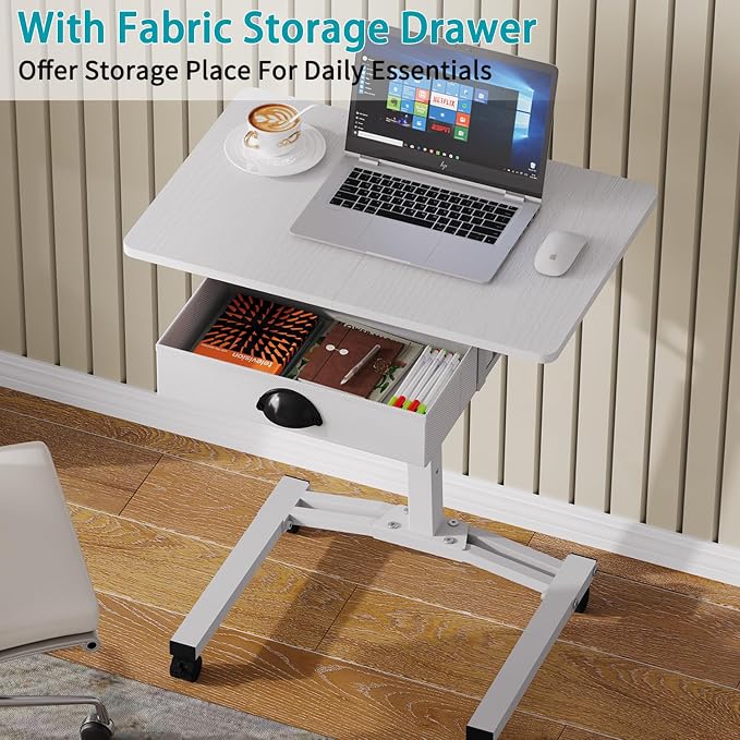 Rolling Adjustable Height Computer Desk With Drawers, Small Mobile Laptop Desk Cart On Wheels For Small Spaces Home Office, Portable Sitting Laptop Table For Bed Couch Load Up To 60LBS, Sturdy, White - Image 5
