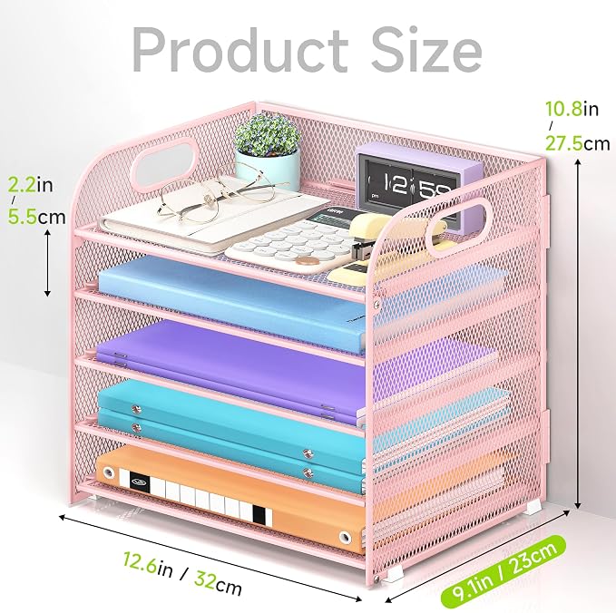 Cawukege 5 Tier Paper Organizer with Handle, Pink Metal Mesh Desk Organizer File Folder Paper Letter Tray Desktop Document Sorter for Classroom, School, Office Accessories Organization and Storage - Image 5