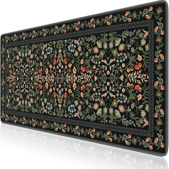 iCasso Floral Desk Mat,Mouse Pad for Office Decor,35.4x15.7in,Black | Back to School Desk Pad Mat, Anti-Slip Big Mousepad with Stitched Edges for Computer Desktop,Smooth Water-Resistant by iCasso