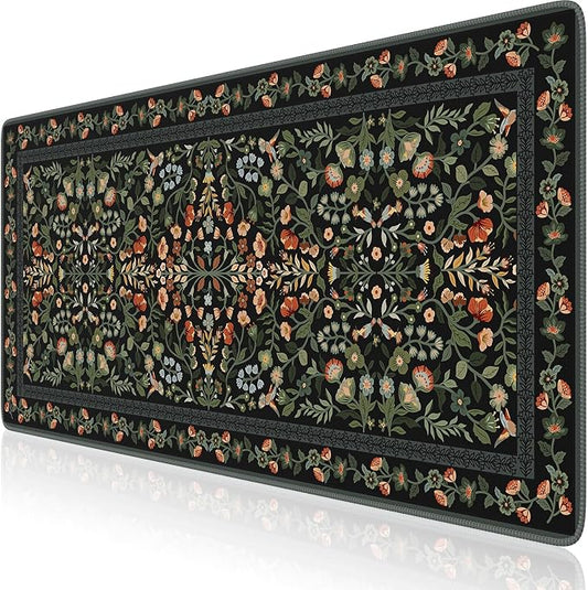 iCasso Floral Desk Mat,Mouse Pad for Office Decor,35.4x15.7in,Black | Back to School Desk Pad Mat, Anti-Slip Big Mousepad with Stitched Edges for Computer Desktop,Smooth Water-Resistant by iCasso
