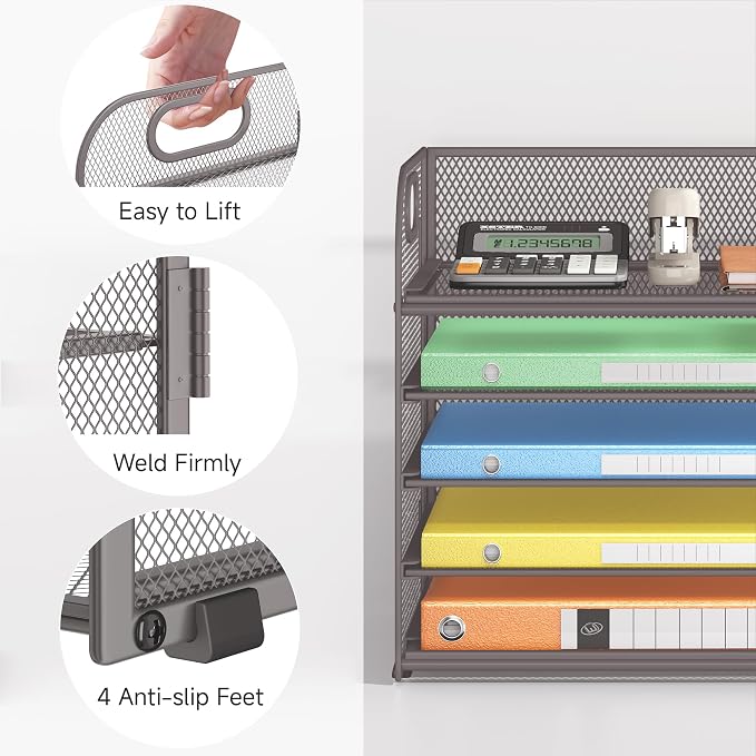 Lavatino 5 Tray Desk File Organizer, Mesh Paper Sorter Letter Tray Organizer with Handle, Desktop File Organizer and Storage for Letter/A4 Office File Folder- Grey - Image 3
