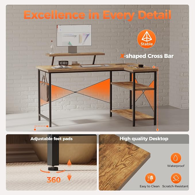 Mericonia 55 in L Shaped Gaming Desk, Large Corner Desk with Monitor Stand | Reversible Computer Desk with Power Outlets, LED Light & Storage Shelves, Office Table for Home Bedroom Study Work Writing - Image 6