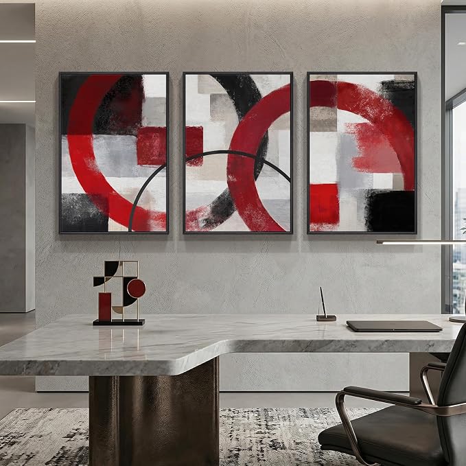 Large Framed Red Black White Abstract Wall Art for Living Room, Set of 3 Modern Canvas Prints Paintings Artwork for Walls, Red Black Geometric Pictures for Bedroom Hallway Office Wall Decor 24x36 In - Image 6