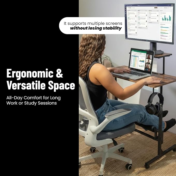 Small Rolling Desk with Wheels, Adjustable Height 27"-43.3" Portable Standing Desk, 31.5"x15.7" Tabletop, Mobile Laptop Computer Table for Home Office Workstation, Rustic Brown - Image 4
