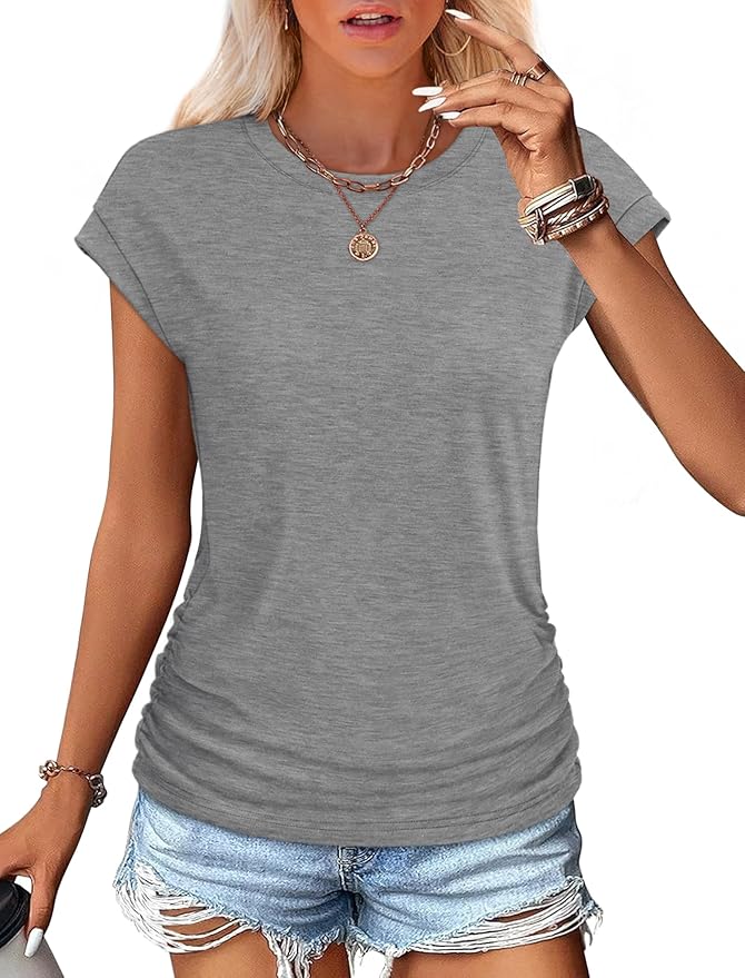 Sampeel Womens Summer Tops Trendy 2026 Ruched Cap Short Sleeve Tshirts Shirts Crew Neck T Shirts Fashion - Image 2