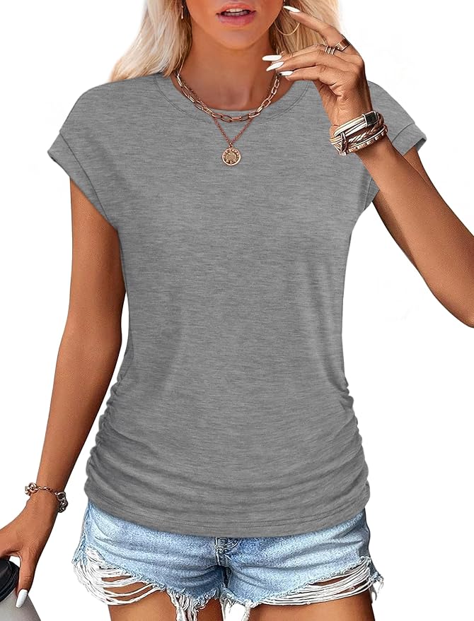 Sampeel Womens Summer Tops Trendy 2026 Ruched Cap Short Sleeve Tshirts Shirts Crew Neck T Shirts Fashion - Image 2