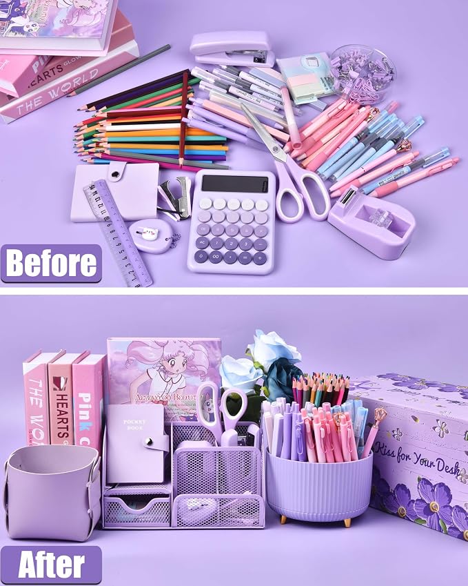 LXEVIHK 21Pcs Purple Desk Organizers and Accessories With Mesh Desk Organizer and 360°Rotating Pen Holder and a Lot of Office Purple Office Supplies Beautifully Presented in a Gift Box - Image 3
