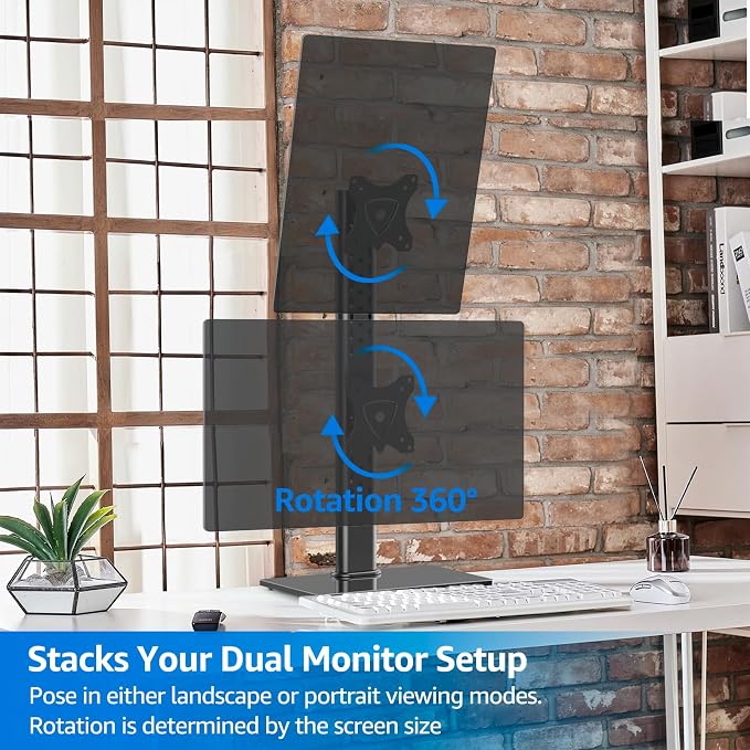 MOUNTUP Vertical Dual Monitor Stand, Stack Two Screens up to 32 inches,33 Lbs, Free-Standing Monitor Desk Mount, Monitor Riser with Swivel, Tilt, Height Adjustable, VESA Stand 100 x 100mm, 75 x 75mm - Image 6
