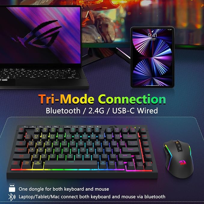Redragon Wireless Gaming Keyboard and Mouse Combo, 75% Portable, Black | Bluetooth/2.4G/USB-C Wired, RGB Backlit, Quiet Rechargeable Macro Membrane Keyboard & 12800 DPI Mouse for Win/MAC - Image 5