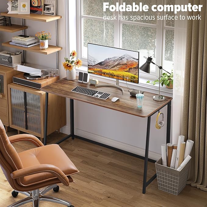WOHOMO Folding Desk, 47.2" Foldable Computer Table for Small Spaces, Walnut | Easy Assembly and Fold, Sturdy Home office desks for Study Bedroom Dorm Space Saving Writing Work Apartment - Image 3