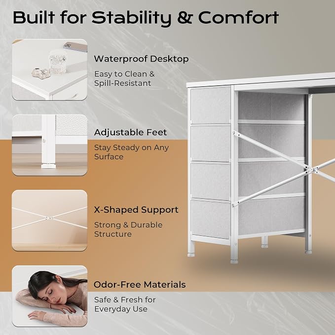 Huuger 63 Inch L Shaped Desk with Fabric Drawers, Reversible Computer Gaming Desk with Power Outlets and USB-C Port, Adjustable Side Storage Shelves, for Work Study Corner Home Office, White - Image 8