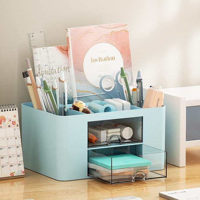 Marbrasse Pen Organizer with 2 Drawer, Multi-Functional Pencil Holder for Desk, Desk Organizers and Accessories with 5 Compartments + Drawer for Office Art Supplies (Blue) - Image 5