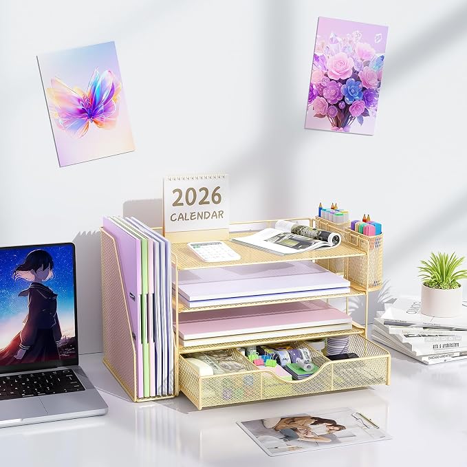 gianotter Desk Organizers and Accessories with File Holder, 4-Tier Desk Accessories & Workspace Organizers with Drawer and 2 Pen Holder, Paper Organizer for Office Supplies(Gold) - Image 7