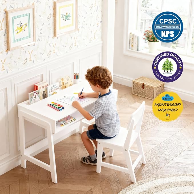 UTEX Kids Desk and Chair Set, Study Desk for Kids with Storage Bins, Wooden Children Study Table, Student Writing Desk for Bedroom & Study Room (1 Open & 1 Drawer) - Image 6