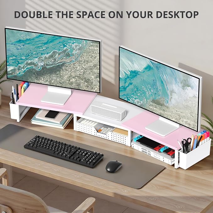 OPNICE Desk Organizers and Accessories, Dual Monitor Stand Riser with Drawer and 2 Pen Holders, Desk Shelf Wood Computer Racks for Office Workspace Organizers, Desktop Organization (Pink-White Wood) - Image 4