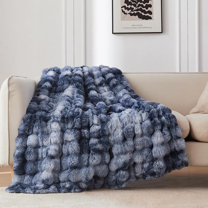 COOVA Faux Fur Throw Blanket for Couch, Cozy Soft and Fuzzy Plush Rabbit Fur Bubble Blanket for Sofa Bedroom Living Room, 50x60 Inches Tie Dye Light Blue by COOVA