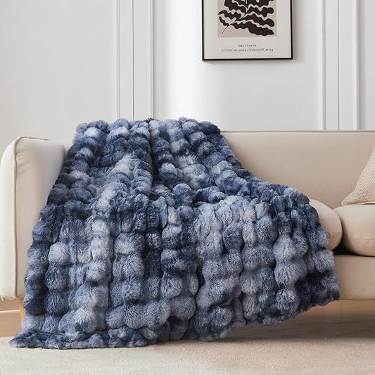 COOVA Faux Fur Throw Blanket for Couch, Cozy Soft and Fuzzy Plush Rabbit Fur Bubble Blanket for Sofa Bedroom Living Room, 50x60 Inches Tie Dye Light Blue by COOVA