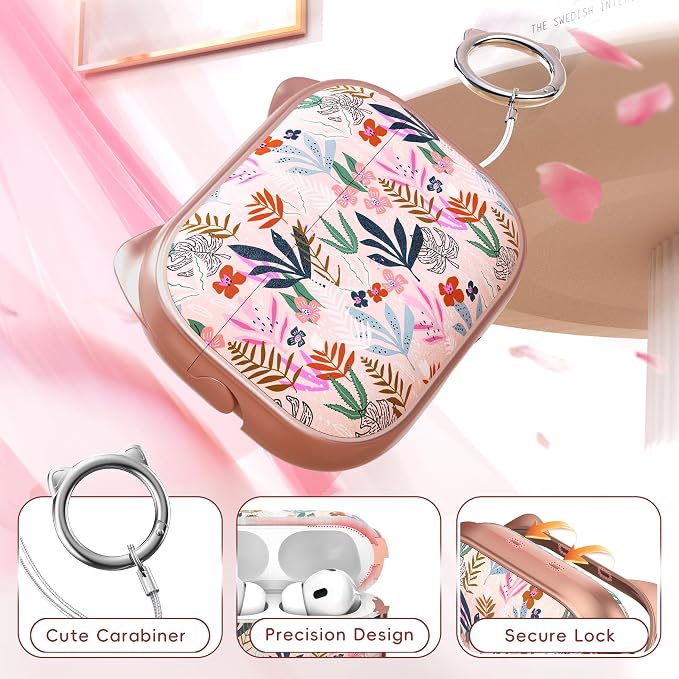 for AirPods Pro 2 Case with Cleaning Kit, Cute Cat Ear Print Design & Cute Buckle for Girls, Phone Holder & Top Safe Lock Buckle Design for AirPods Pro 2nd/1st Gen case, Rose Gold Leaves - Image 5
