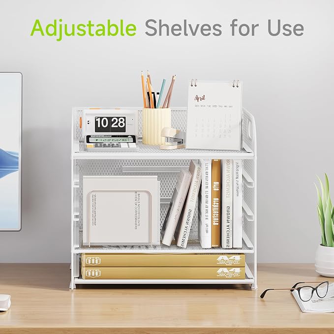 Cawukege 5 Tier Paper Organizer with Handle, White Metal Mesh Desk Organizer File Folder Paper Letter Tray Desktop Document Sorter for Classroom, School, Office Accessories Organization and Storage - Image 2