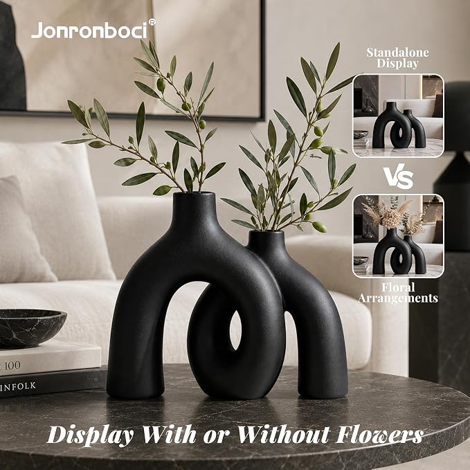 Matte Black Vase Set - Hug Hollow Donut Aesthetic Ceramic Vases Home Decor, Modern Nordic Minimalist Decorative Vase for Table Centerpiece Bookshelf Office Entryway Console Fireplace (Black) - Image 5
