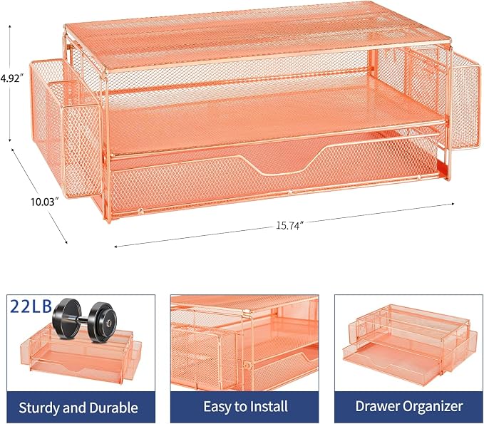 AUPSEN Computer Monitor Stands Riser，2-Tier Desk Organizers and Accessories, Office Desk Accessories Organizer with Drawers and 2 Pen Holder for Office Supplies (Rose Gold) - Image 5